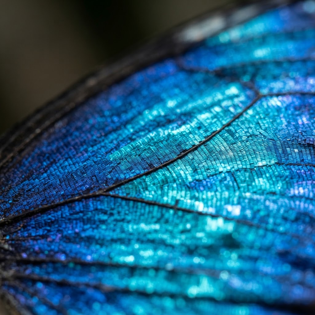 Makro fotografia dúhového krídla motýľa morpho